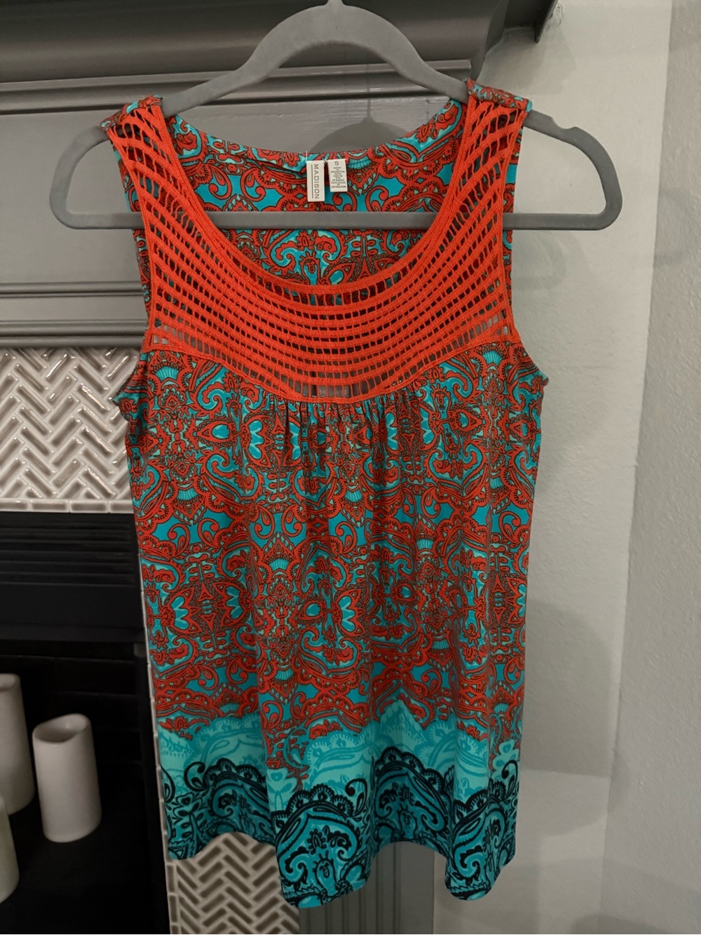 Madison Orange Crochet Yoke Paisley Tank with Teal Body